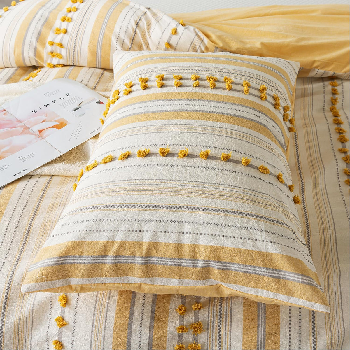 Washed Cotton Duvet Cover Set - Tufted Dots Boho Chic Bedding for All Seasons, Striped Pom Pom Bedding