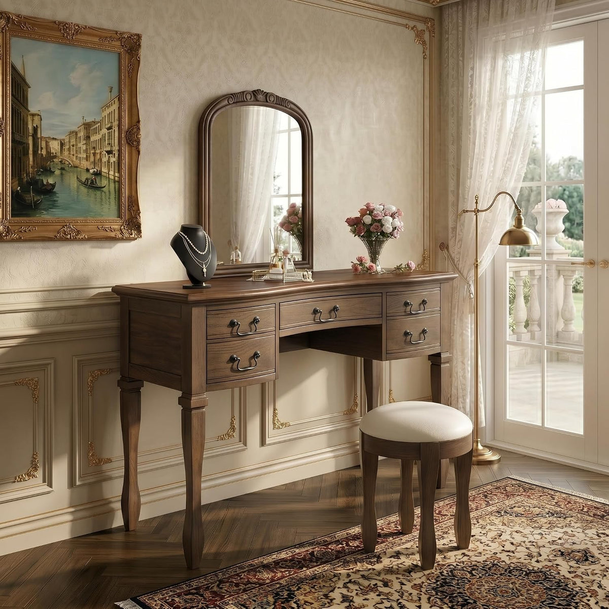 46" Vintage Vanity Desk with Curved Flower Frame Mirror, Wood Dressing Table with Storage, 5 Drawers, Makeup Vanity