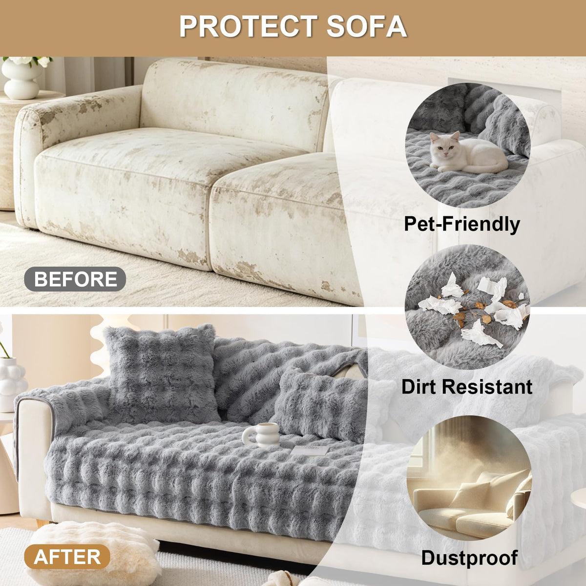 Faux Fur Sofa Cover, Rabbit Plush Couch Cover, Non-Slip Couch Covers Washable, Cosy Plush Sofa Slipcover, Furniture