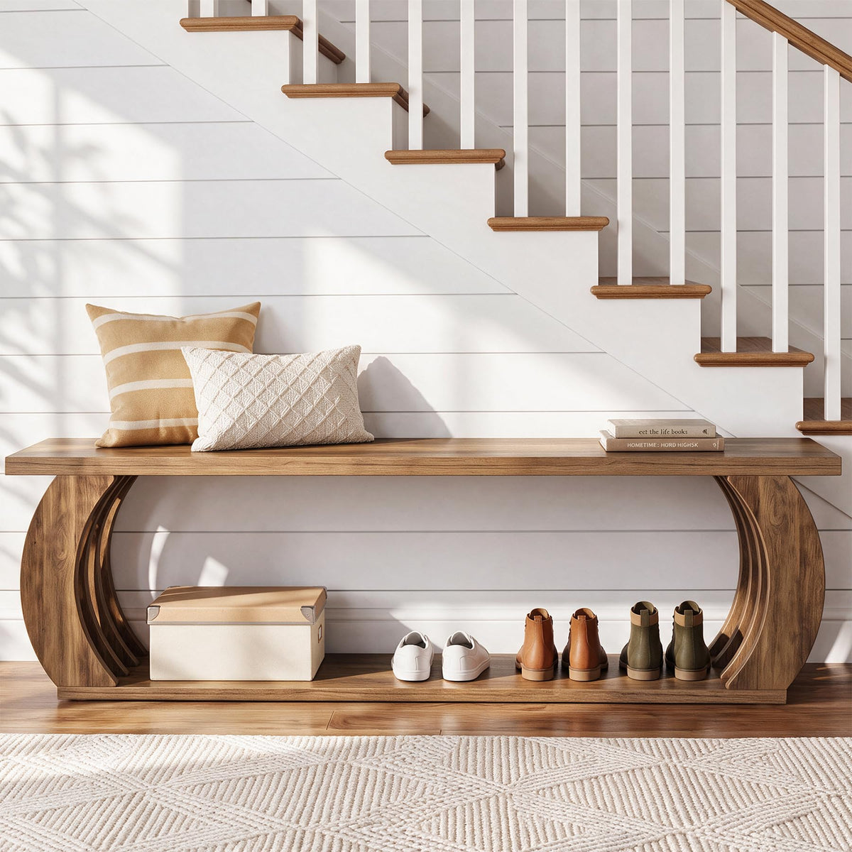 63" Entryway Bench with Storage, 2-Tier Farmhouse Wooden Bench