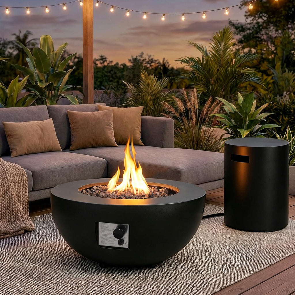 2-Piece Outdoor Propane Fire Pit Table Set w/Tank Cover Table, 31.5-inch 50, 000 BTU Black Bowl Concrete Firepit
