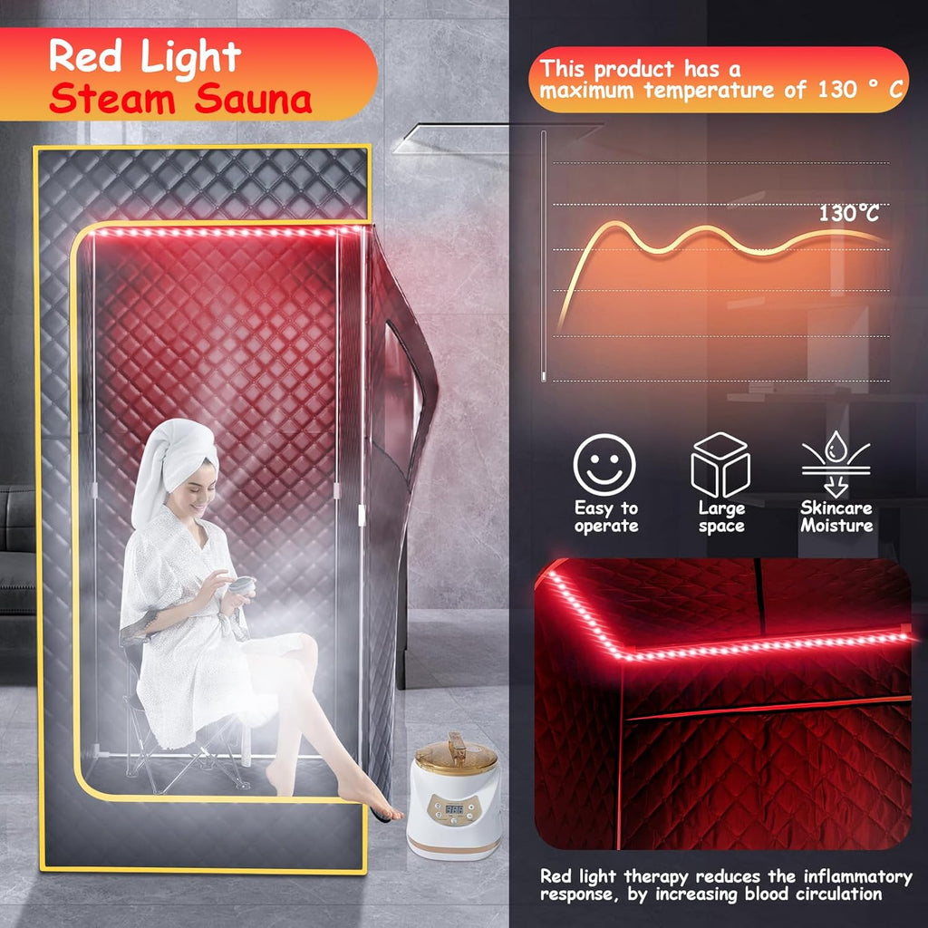 Red Light Portable Steam Sauna for Home, Infrared Sauna for Relaxation,Detoxification,1300W 3L Steamer