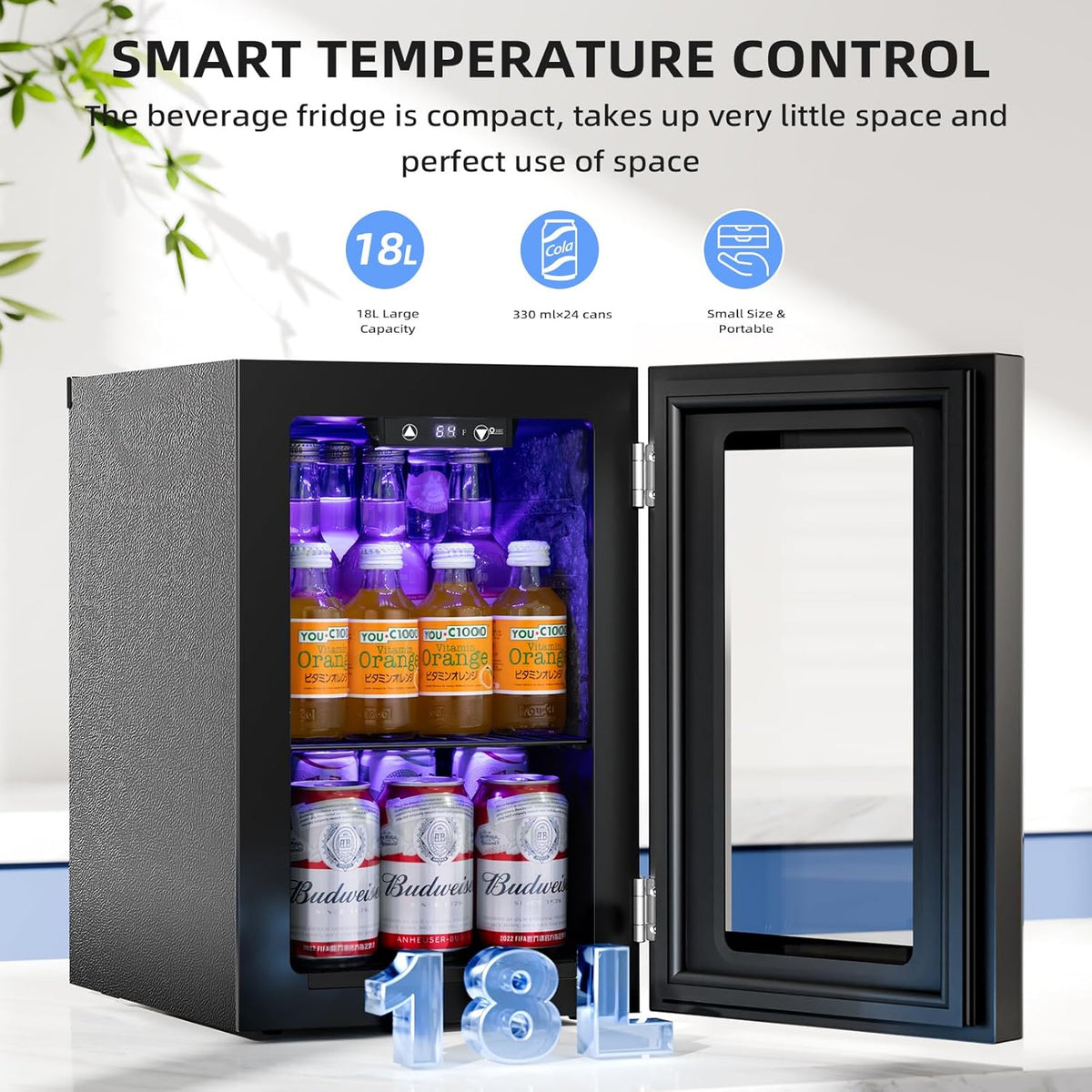 18L Beverage Refrigerator Cooler 24Can, Mini Fridge with Quiet Compressor, LED Light