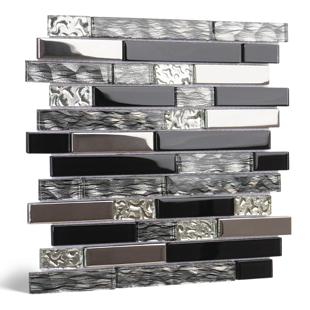 5-Sheet Glass Backsplash Tiles, 5 Square Feet Black Glass Mosaic Backsplash Subway Metal Tile Wall Bathroom