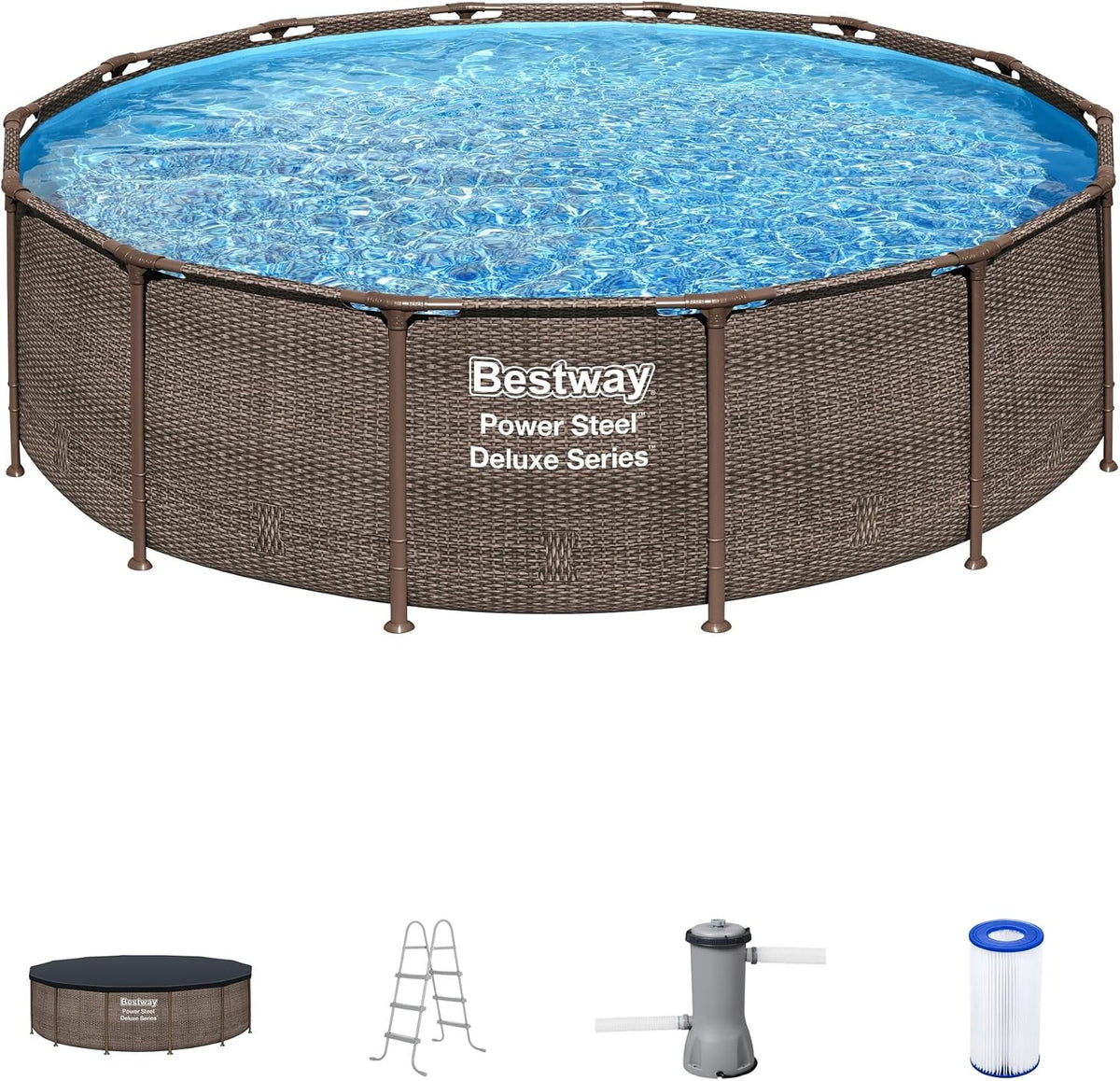 Power Steel 14' x 42" Above Ground Pool, Round Metal Frame Outdoor Swimming Pool Set with Filter Pump, Ladder, and