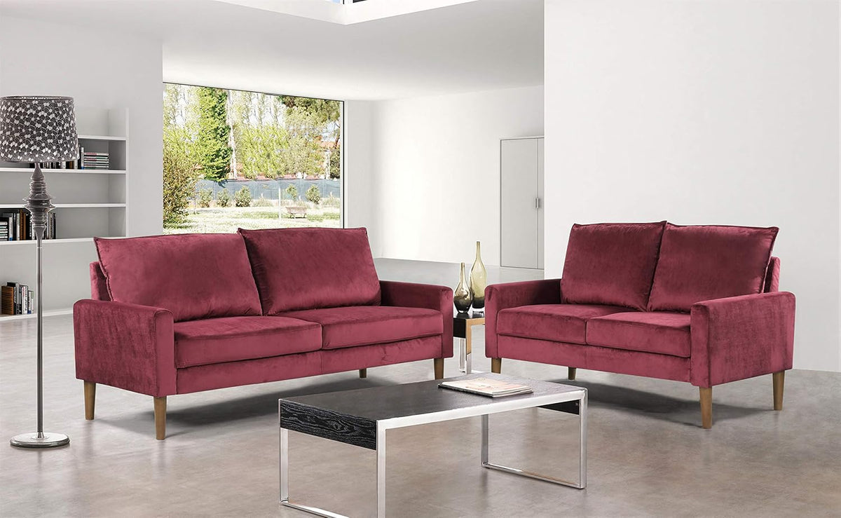 Petit Mid Century Modern Velvet Loveseat , Upholstered 2 Seater Couch , Easy Assembly, Purple