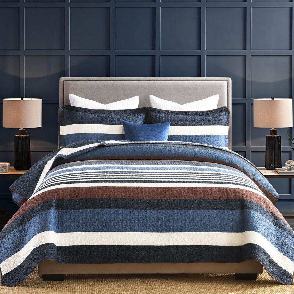 Quilts, Blue Brown/Cream Striped Design Quilt Set