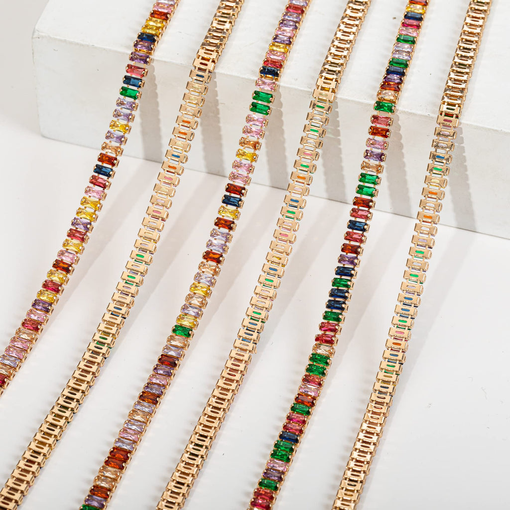 Rectangle Zircon Rhinestones Close Chain Beaded Trim for Sewing Crafts,DIY Decoration(Rainbow Crystal) - 1 Yards