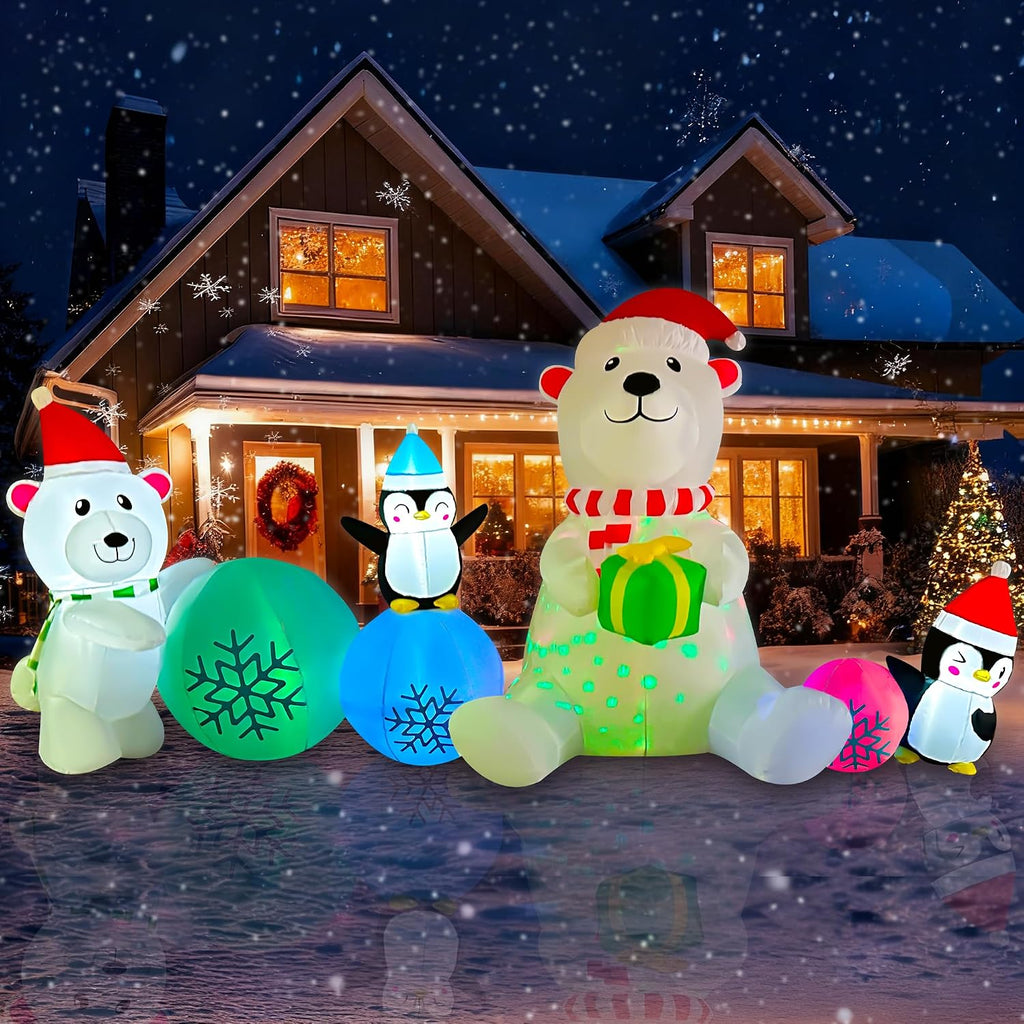 10 FT Long Christmas Inflatable Polar Bear Snowball Decoration, Colorful Rotating Lights Blow Up Xmas Polar Bear with