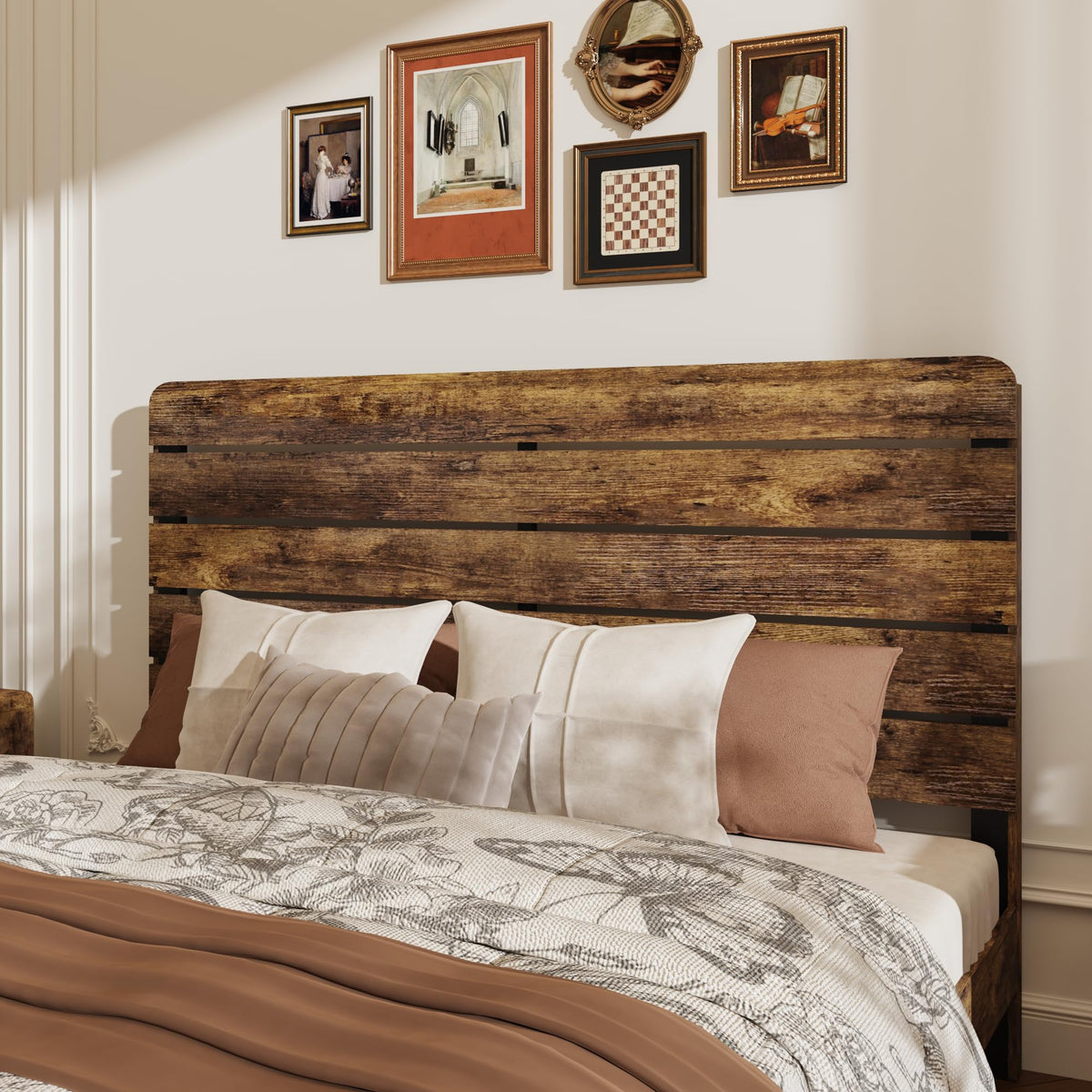 Wooden Bed Frame with Headboard, Rustic Farmhouse Platform Bedframe with Wood Slat Support, Sturdy and No
