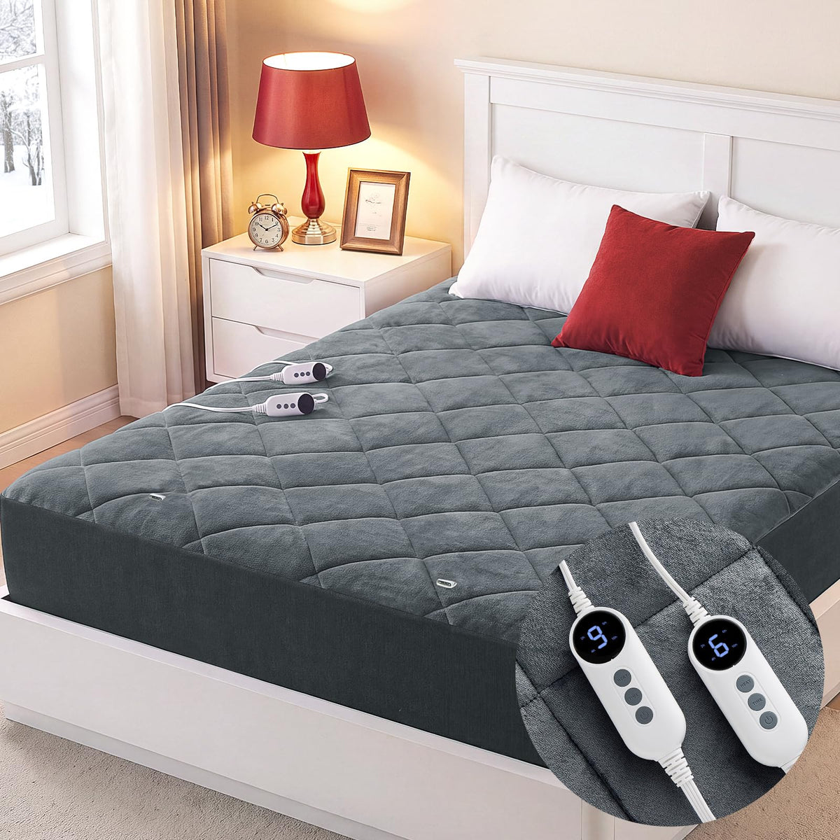 Electric Heated Mattress Pad Queen Size - Dual Control, 6 Heat Settings & 10-Hour Auto Off, Flannel Quilted Heating