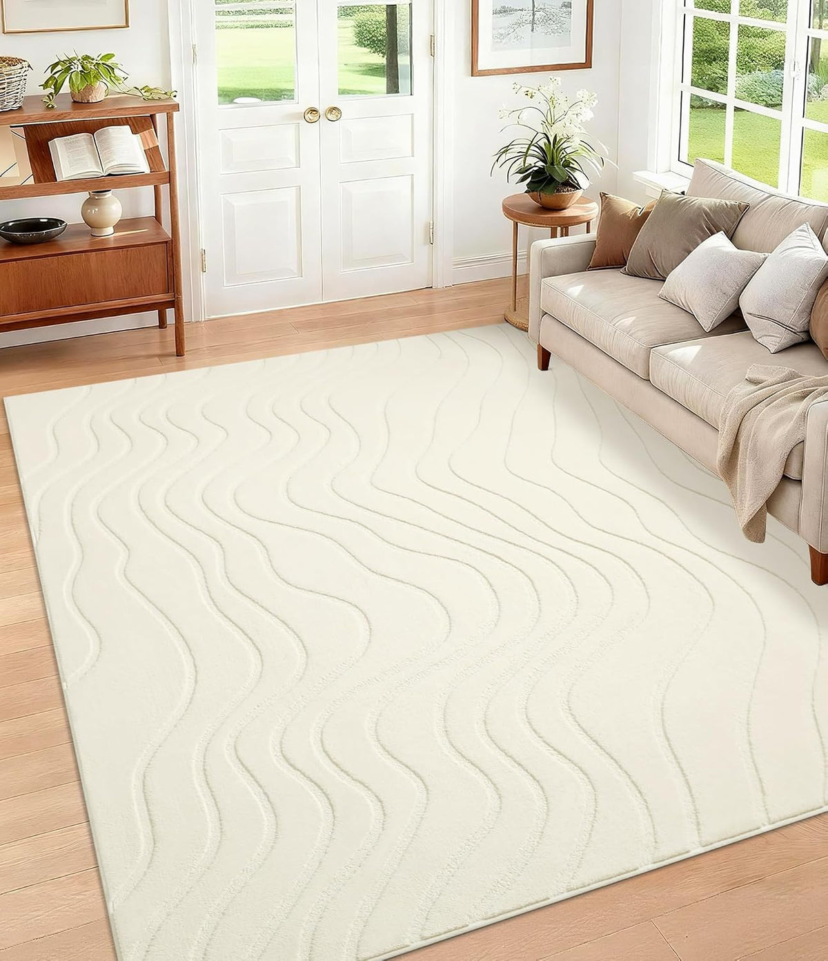 Abstract Wave Striped Area Rug, Modern Washable High-Low Pile Rug, Soft Textured Carpet, Beige Ivory White