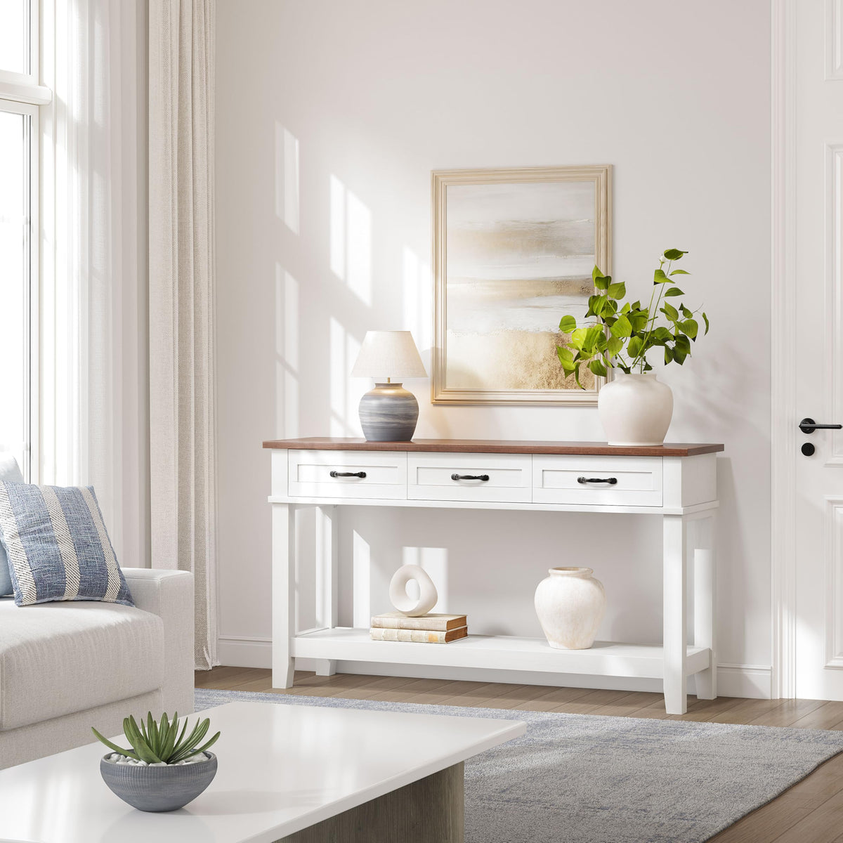 3 Drawers Entryway Table, Farmhouse Wooden Console Table
