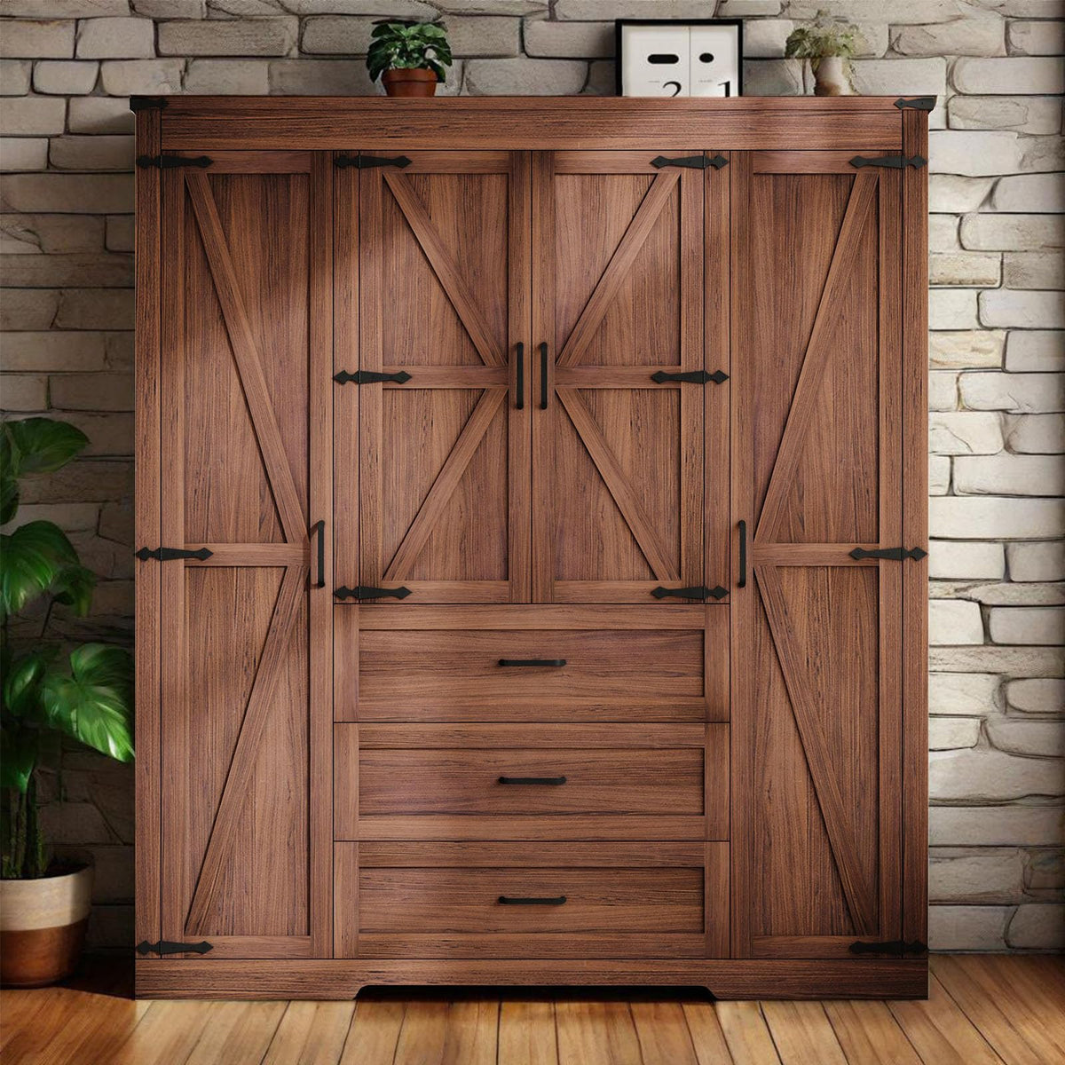 70" Tall Armoire Wardrobe Closet with 4 Doors & 3 Drawers, Farmhouse Bedroom Storage Cabinet with Hanging Rod