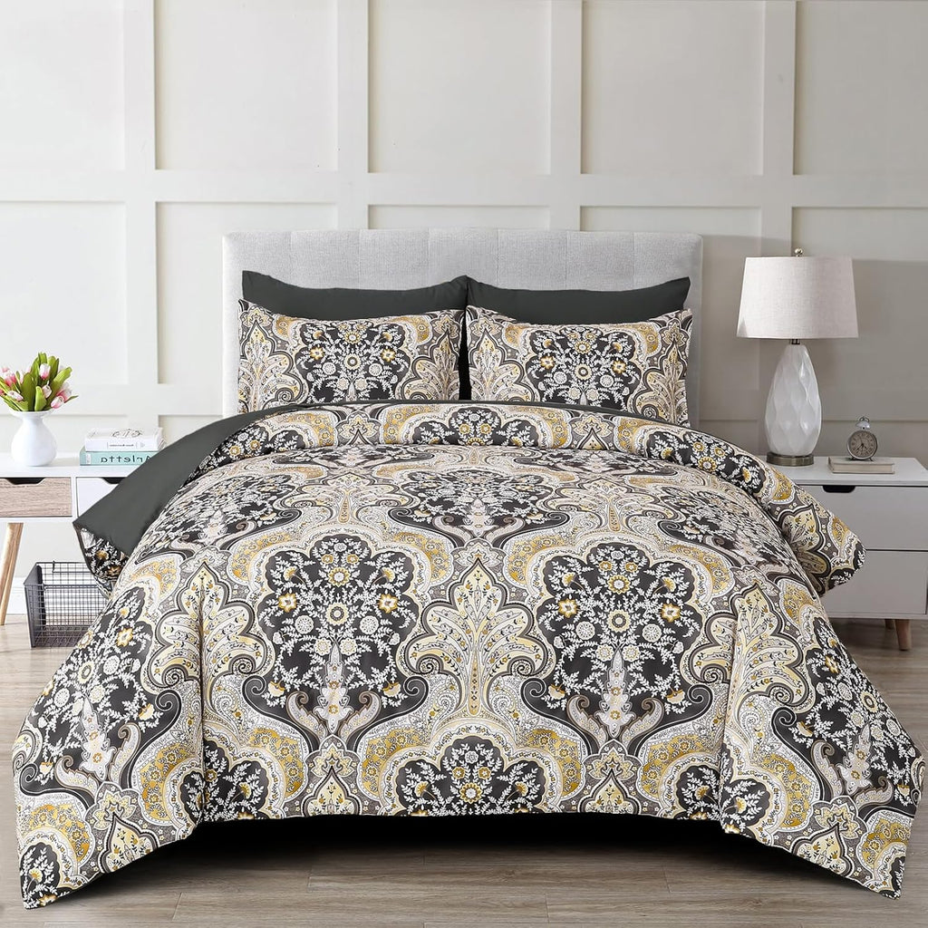 Boho Paisley Comforter Set Queen, 7 Pieces Bed in a Bag, Black and Gold