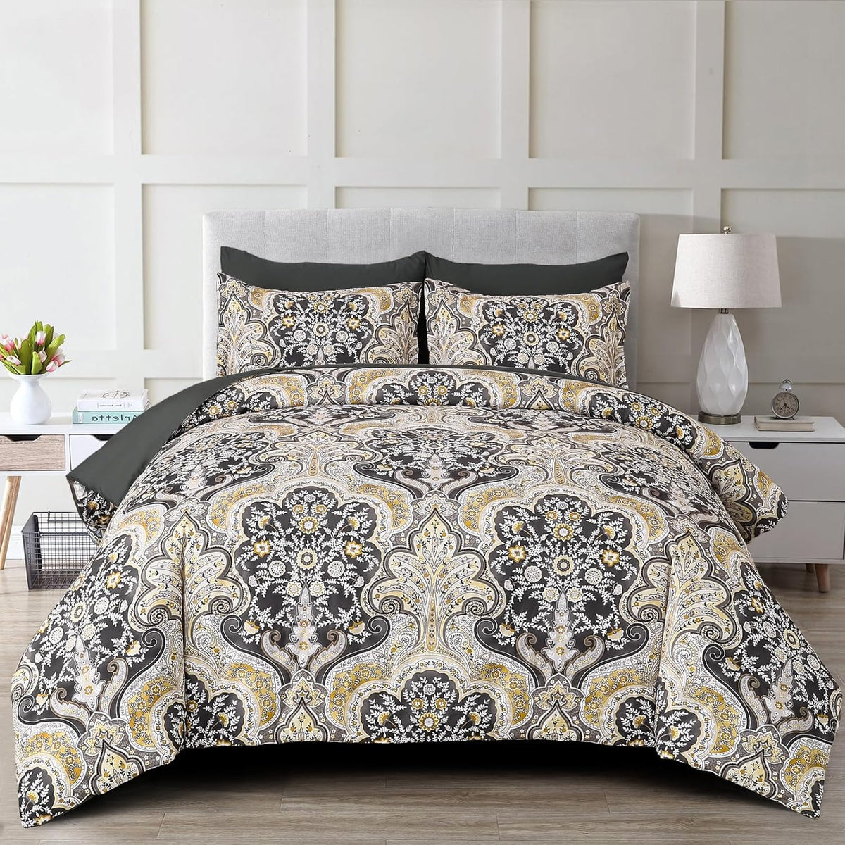 Boho Paisley Comforter Set Queen, 7 Pieces Bed in a Bag, Black and Gold