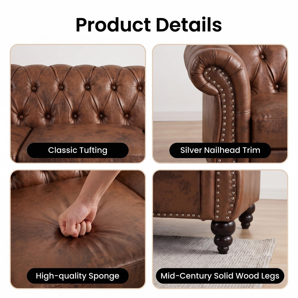 3 Piece Living Room Set, Chesterfield Sofa & 2 Accent Chairs, Faux Leather Couch Set with Tufted Backrest & Nailhead