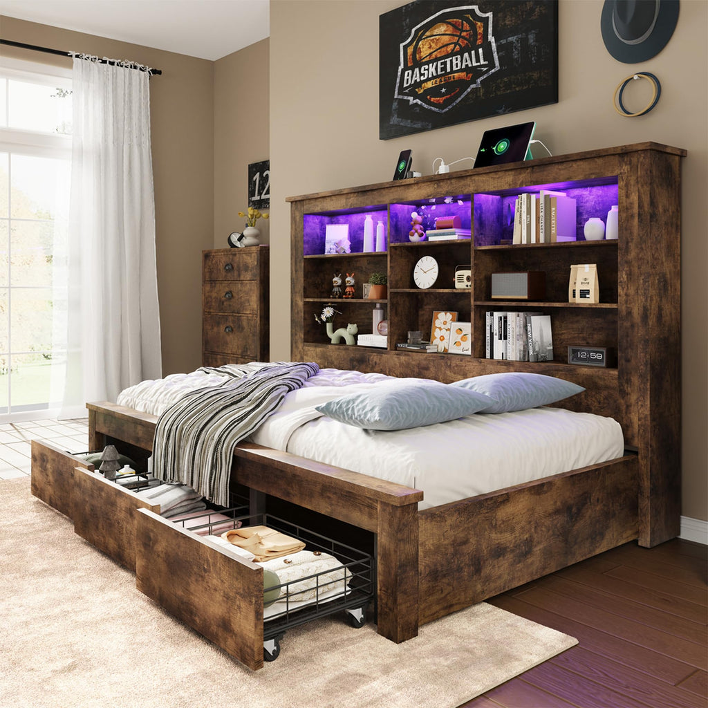 Bed Frame Bookcase Headboard, USB/LED&3 Drawers, Rustic Oak