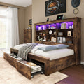 Bed Frame Bookcase Headboard, USB/LED&3 Drawers, Rustic Oak