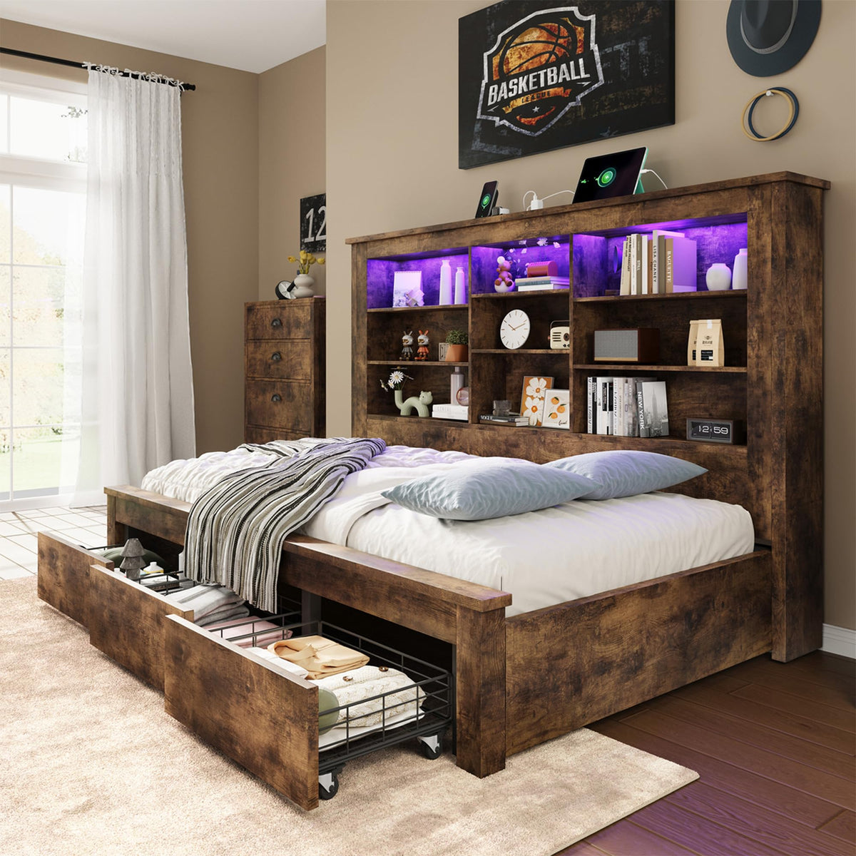 Bed Frame Bookcase Headboard, USB/LED&3 Drawers, Rustic Oak