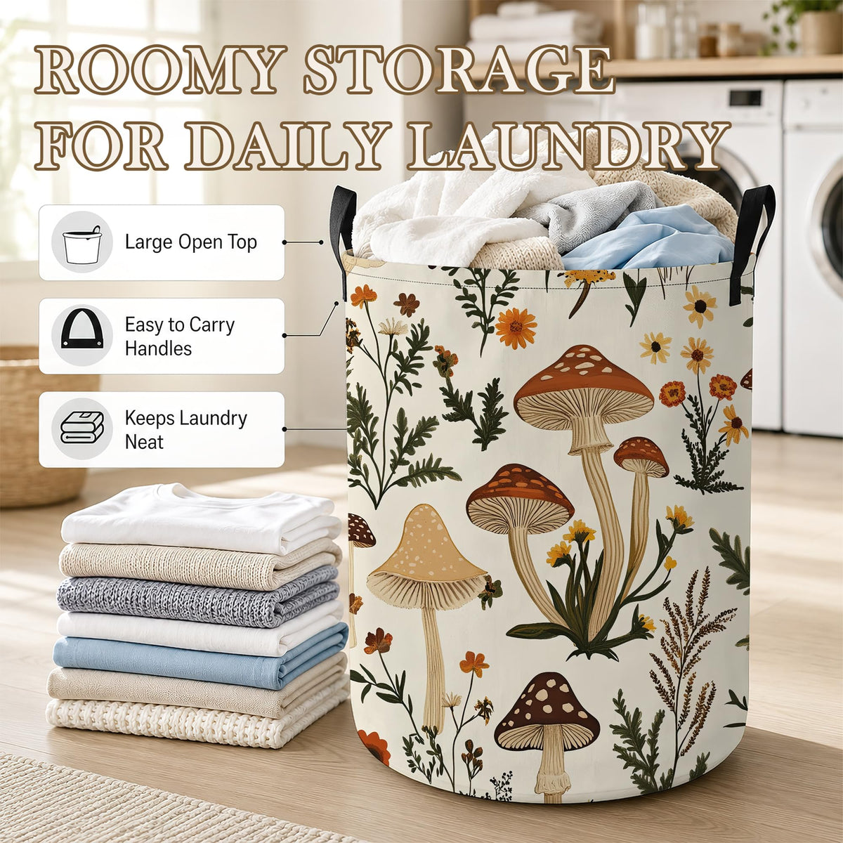 Mushroom Flower Laundry Basket, Foldable Oxford Cloth Botanical Garden Laundry Hamper with Handles, Tote Bag Clothes