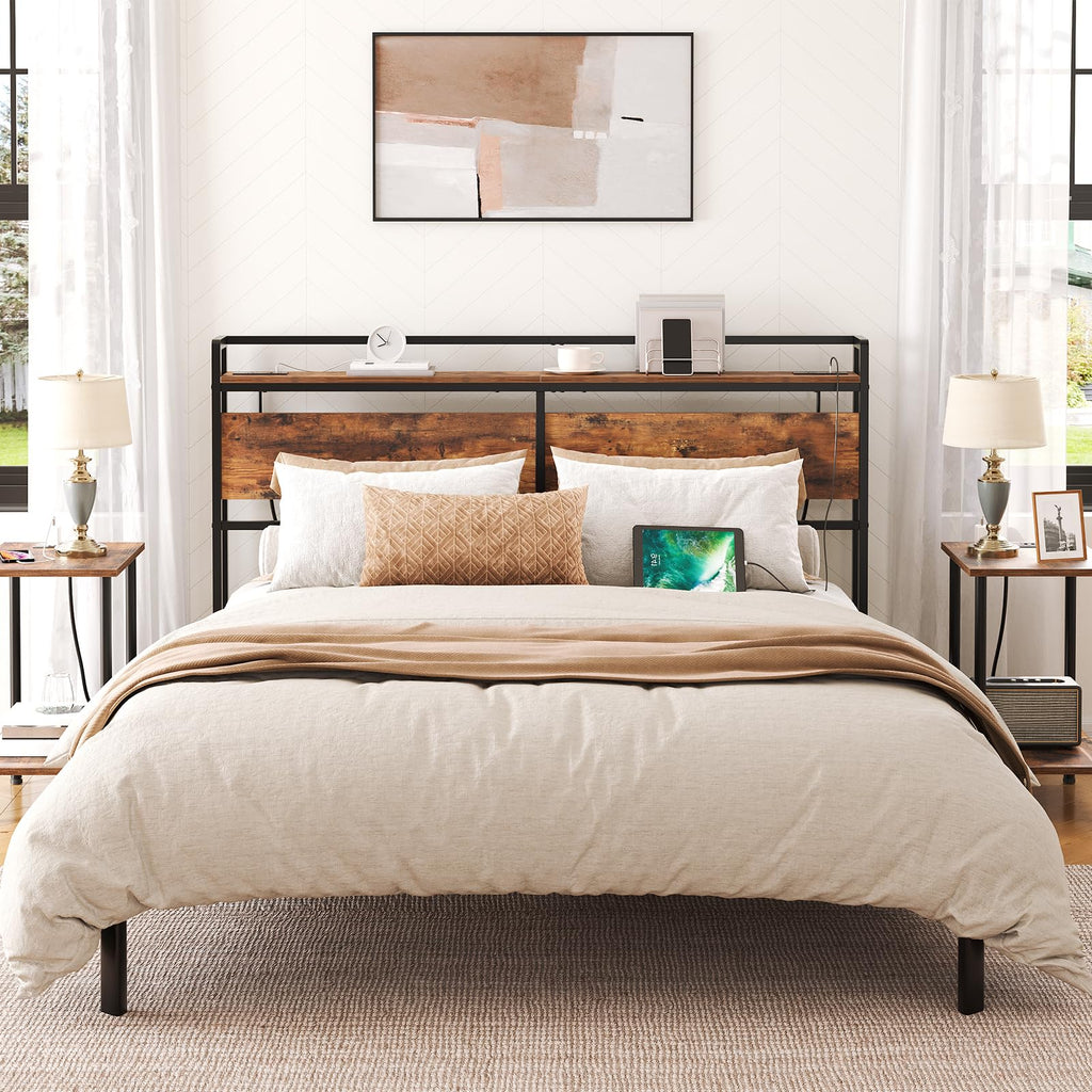Headboard, Headboard with 2 Outlets and 4 USB Ports, Adjustable Height, Storage Rack, Sturdy and Stable
