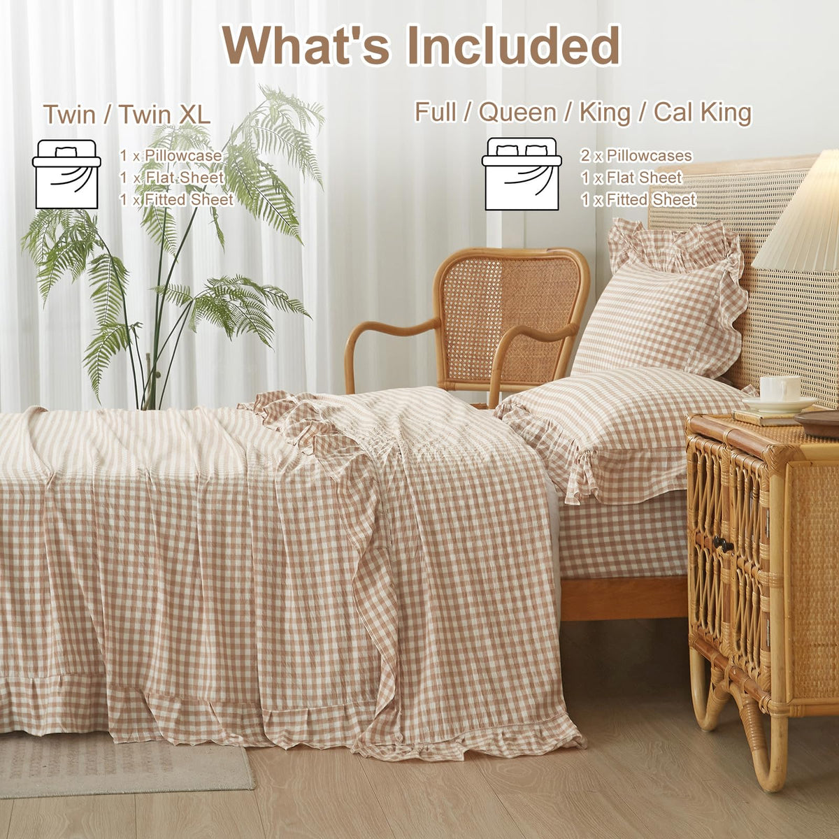 Tan Gingham Ruffle Sheets Set Boho Taupe Plaid Bed Sheets
