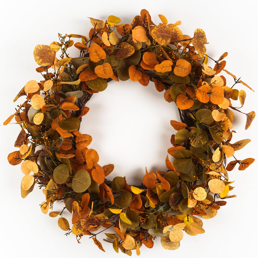 Eucalyptus Fall Wreaths for Front Door 22", Handmade Fall Leaves Wreath for Autumn, Floral Farmhouse Wreath for Wall