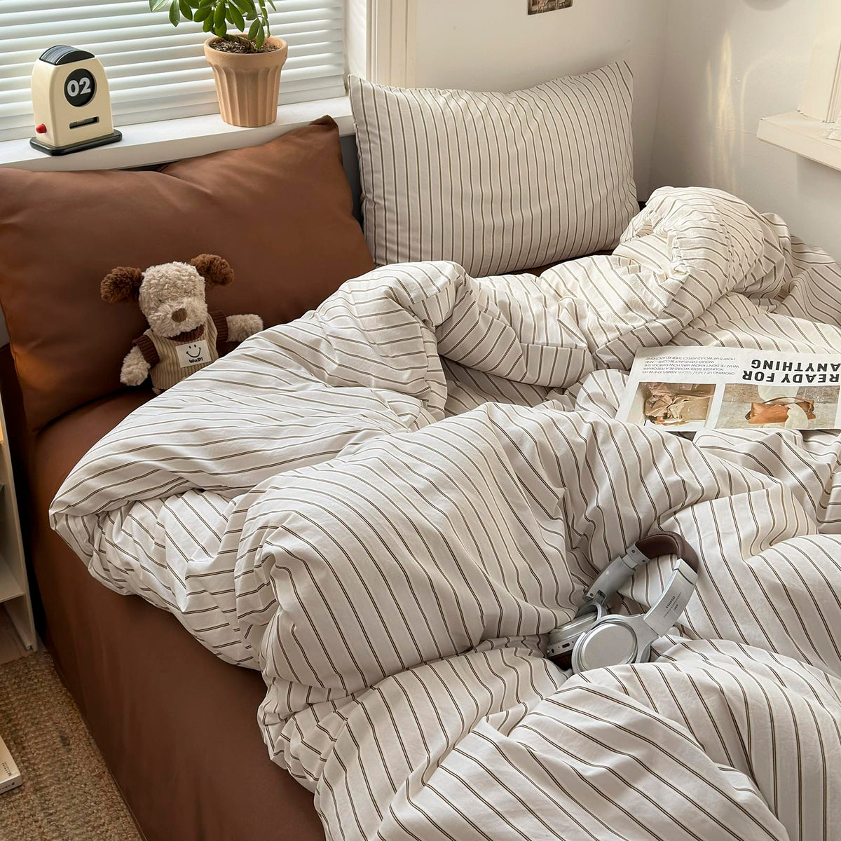 Vintage Striped Comforter Set 3-Piece Bed Set Brown&White