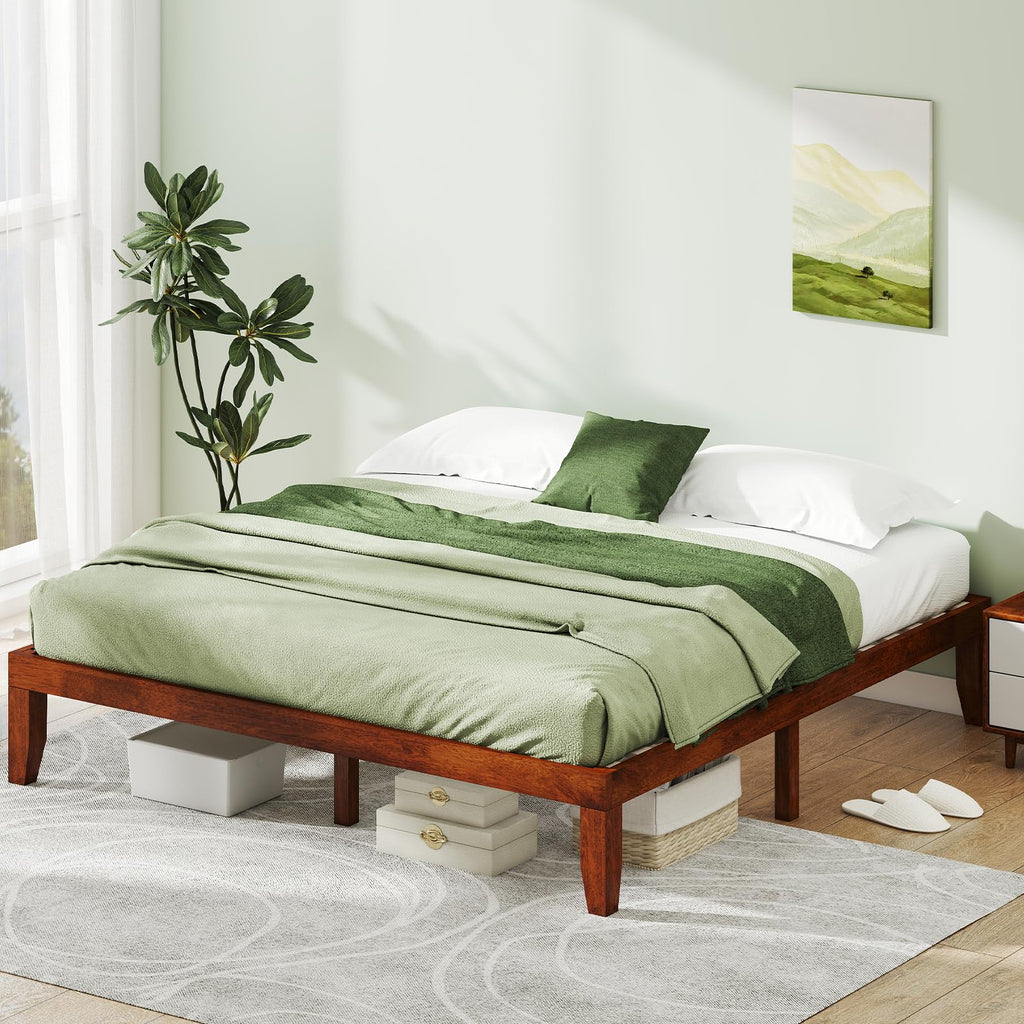 14 Inches Wood Platform Bed Frame King Size, Wooden Mattress Foundation with Rubber Wood Frame, Strong Wooden Slat