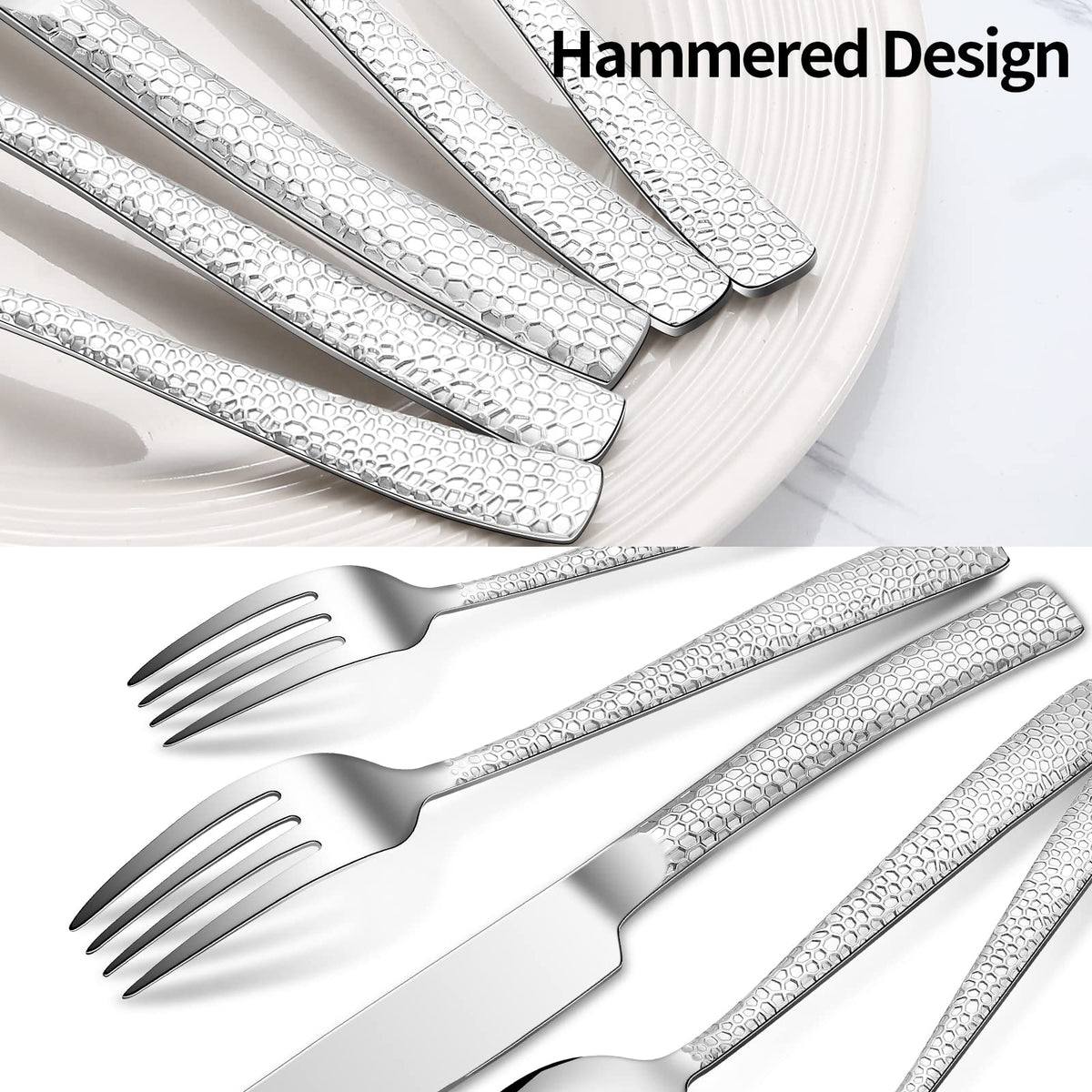 20-Piece Silverware Set, Stainless Steel Hammered Flatware Set for 4