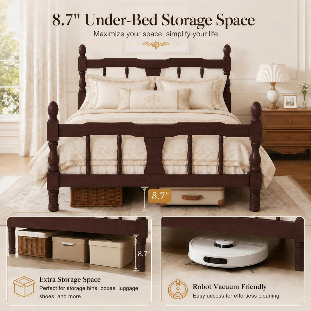 Platform Bed with Spindle Headboard & Footboard, Farmhouse Spindle Bed Frame with Wood Slat Support, No Box