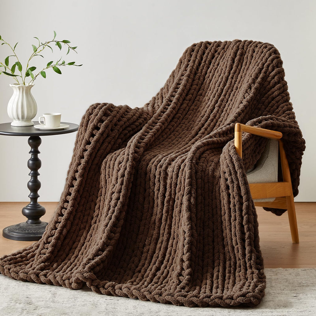 Chunky Knit Throw Blanket, Knitted Throw Chenille Yarn, 50"*60"