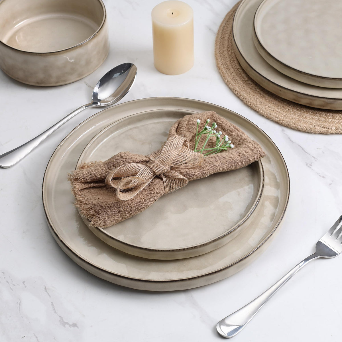 6 Pieces Stoneware Dinnerware Set, Dishes Set for 2, Sandy Beige