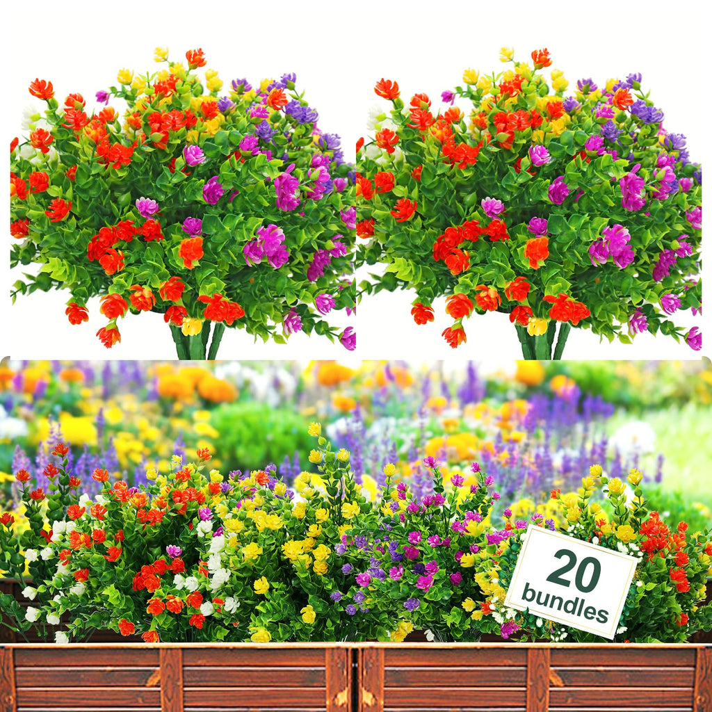 20 Bundles Artificial Flowers Outdoor Fake Plants, UV Resistant No Fade Faux Plastic Greenery Shrubs for Hanging