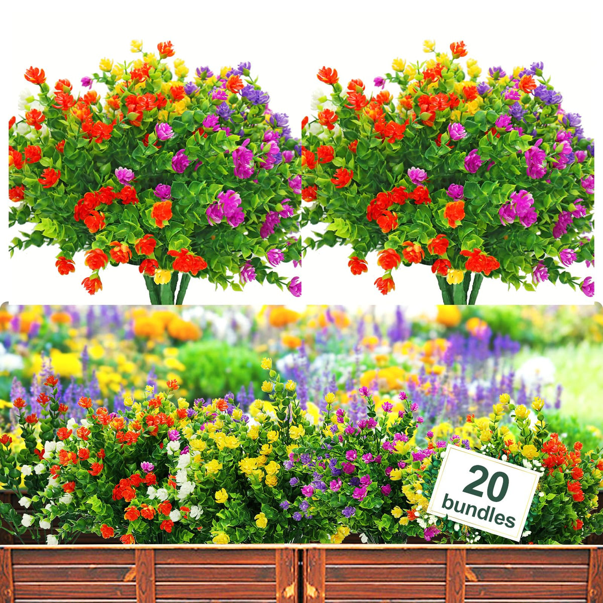 20 Bundles Artificial Flowers Outdoor Fake Plants, UV Resistant No Fade Faux Plastic Greenery Shrubs for Hanging