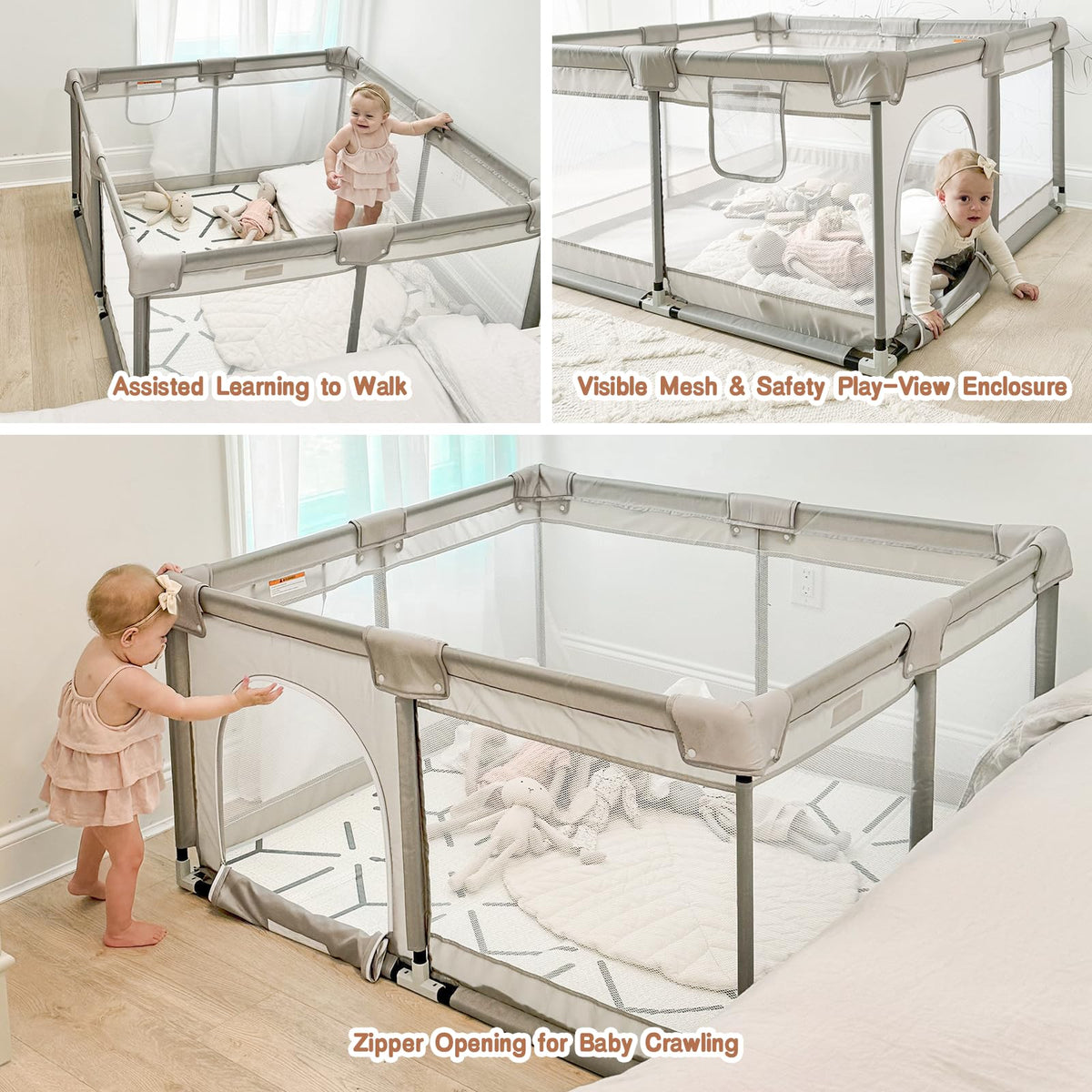47x47in Baby Playpen with mat, Play Yard for Babies Toddlers, Grey