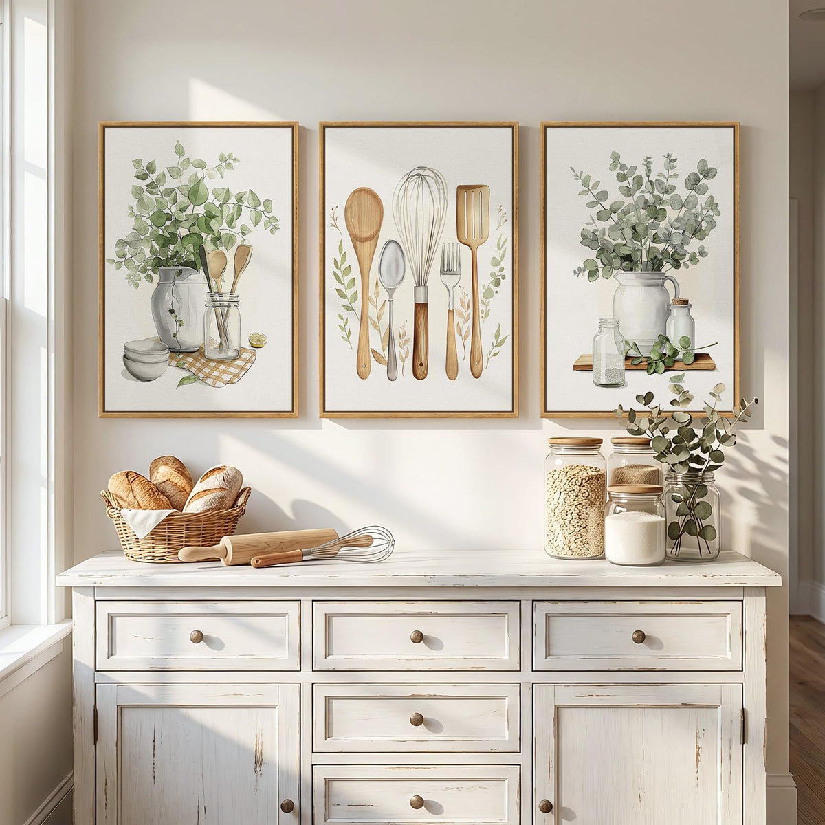 Framed Sage Green Botanical Canvas Wall Art, 3 Piece 16x24 In