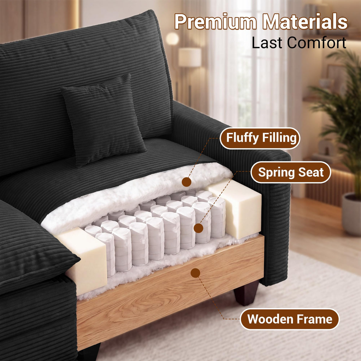 133" Modular Sectional Sofa, L-Shaped Cloud Couch with Ottoman, Black