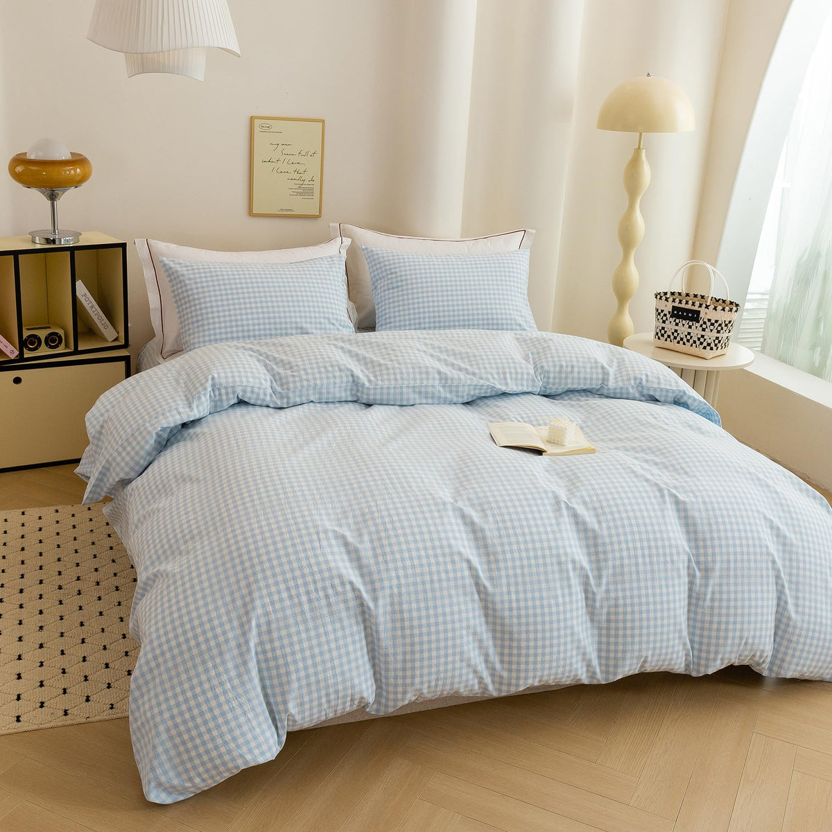 Cotton 3 Pcs Duvet Cover Set Linen Feel Blue Gingham King