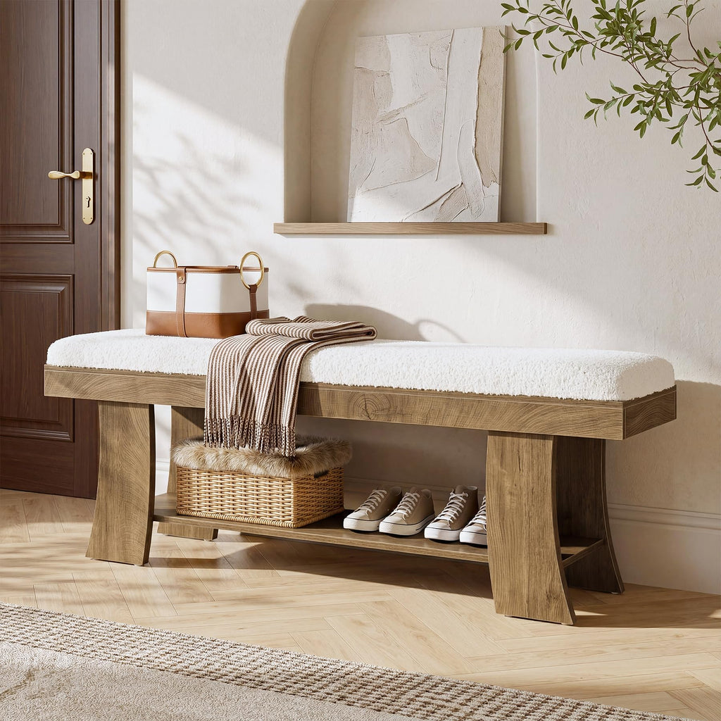 59-Inch Upholstered Entryway Bench with Storage Shelf, Indoor Cushioned Shoe Bench Seat, Farmhouse Skinny End of Bed