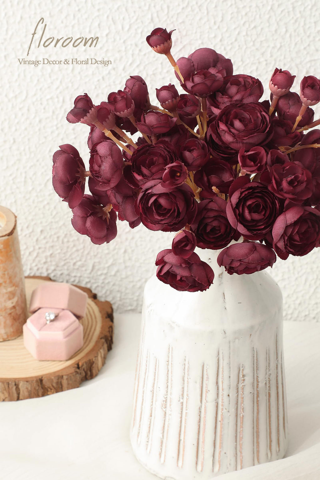 Ranunculus Artificial Flowers 18 Pcs Burgundy Faux Silk Mini Ranunculus Bulk Fake Wedding Filler Flowers for DIY Red