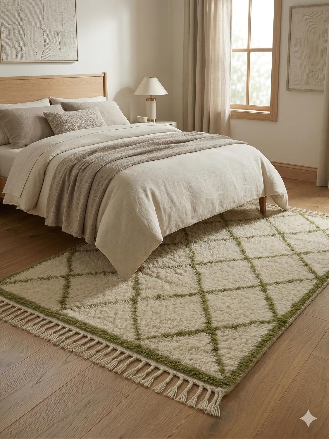 Handmade Moroccan Berber Area Rug 5' x 7', 100% Wool High Pile Shag, Beni Ourain Style, Ivory/Cream with Green