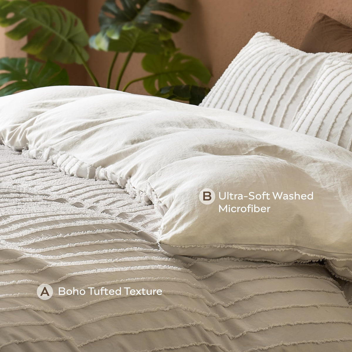 Oatmeal Striped Tufted Duvet Cover Set
