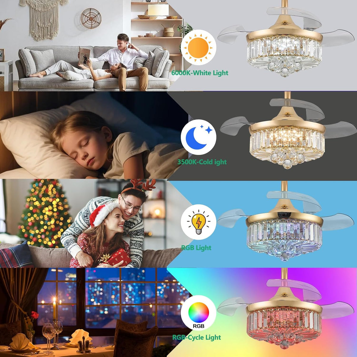 30" Retractable Crystal Ceiling Fan with Light, RGB Modern Fandelier 6 Speeds Reversible Blades Dimmable Remote App