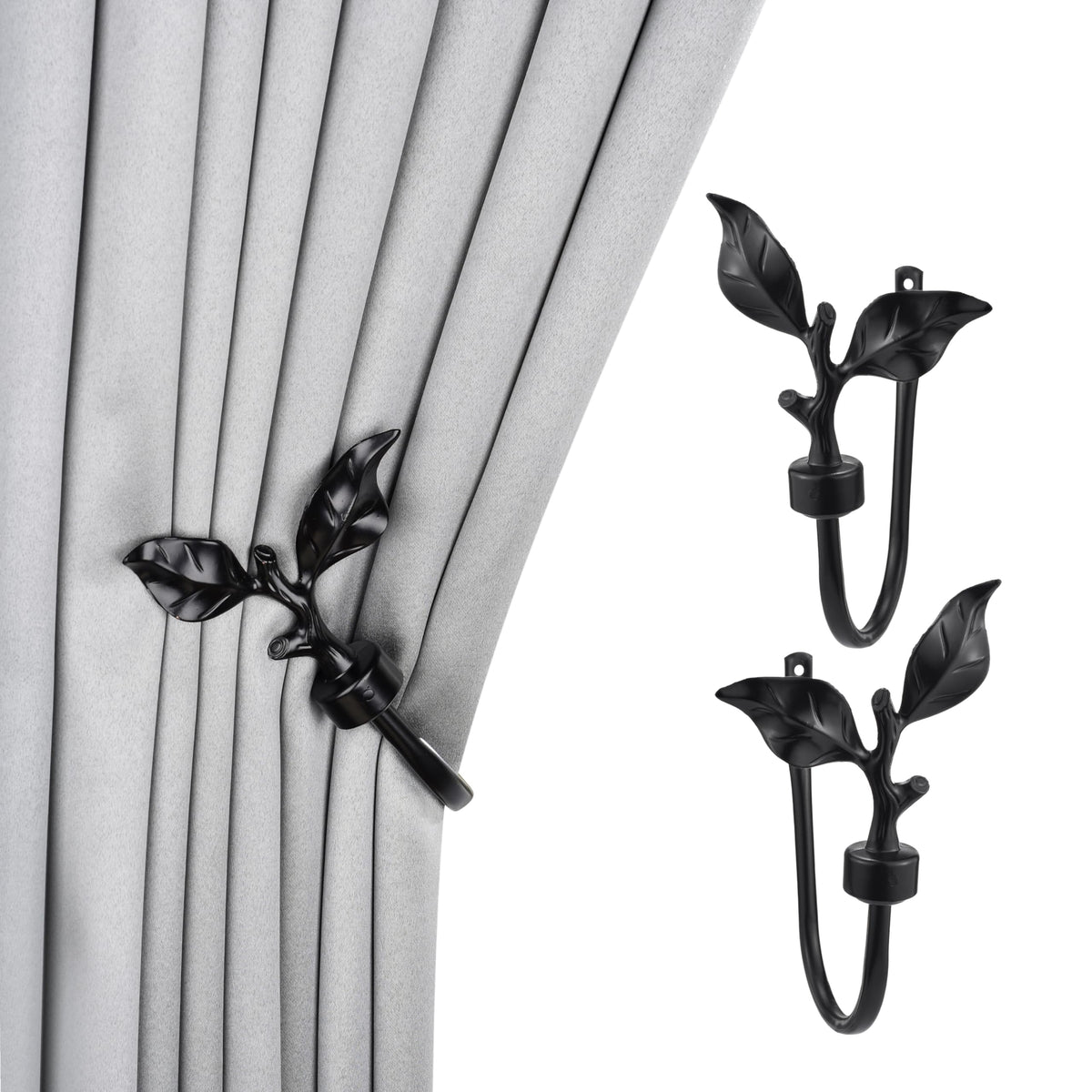 Leaf Shaped Curtain Holdbacks, Black, 1 Pair