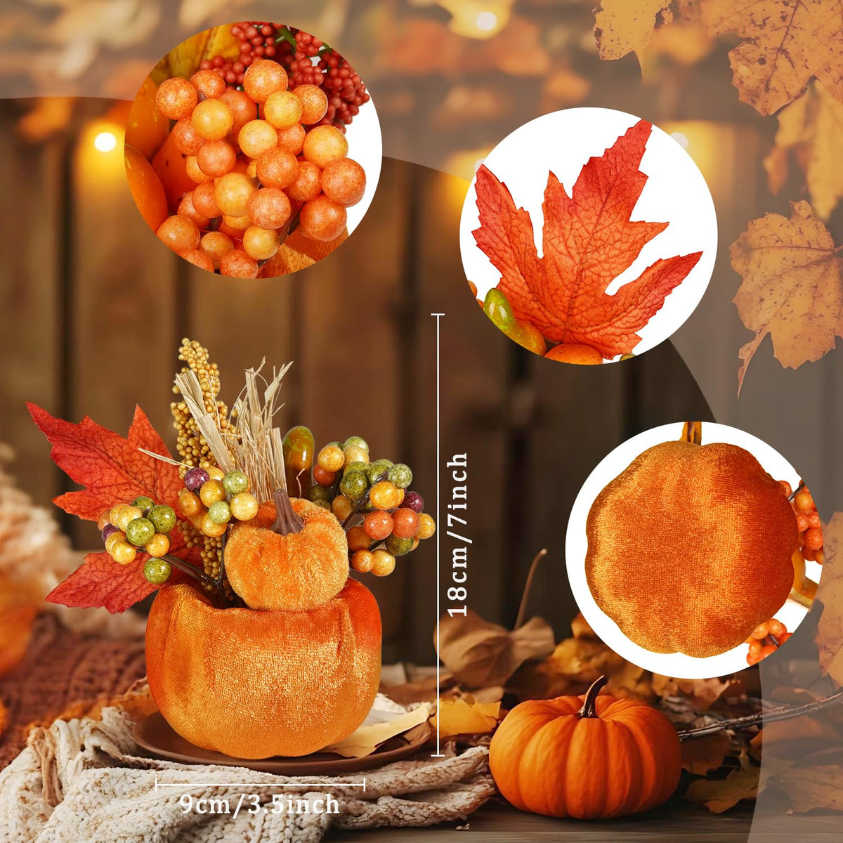 Set of 6 Artificial Pumpkins Decorations, Decorative Fabric Orange Pumpkin with Maple Berry Acorn Pine Cone
