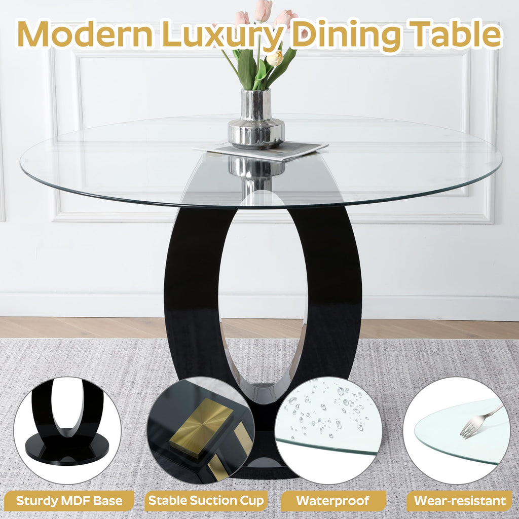 Modern 47" Clear Glass Round Dining Table Set, 7 PCS Luxury Circle Glass Top Kitchen Table with Gold Decorative