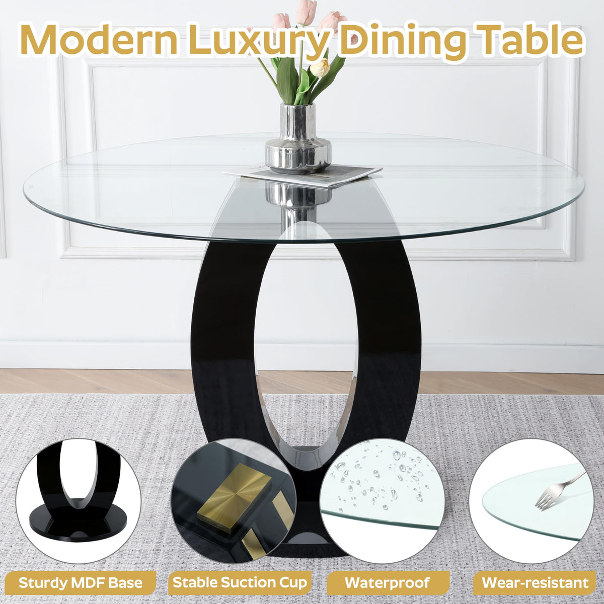 Modern 47" Clear Glass Round Dining Table Set, 7 PCS Luxury Circle Glass Top Kitchen Table with Gold Decorative