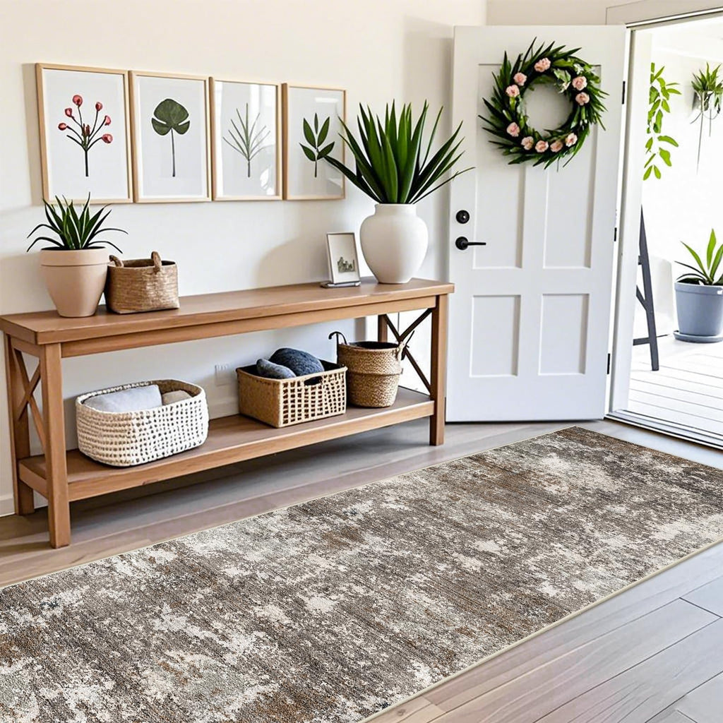 3x12 ft Long Hallway Runner Rug - Non-Slip Washable Carpet Runners Entryway Bathroom Modern Abstract Neutral Low-Pile